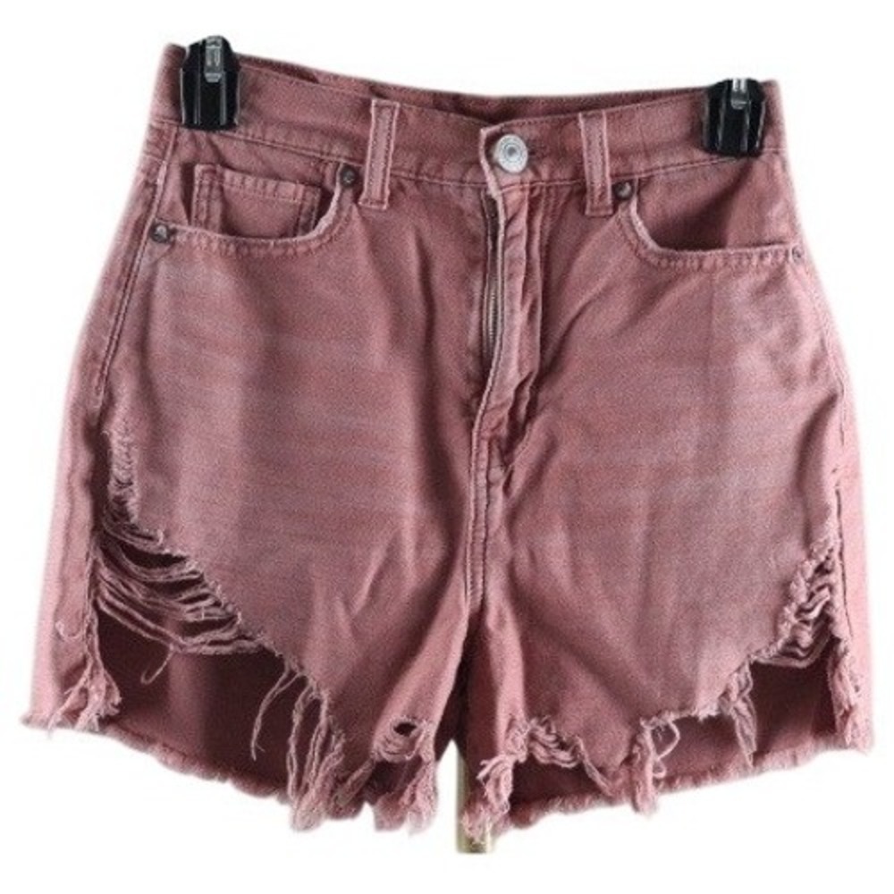 American Eagle Pink Distressed Denim Shorts High Waisted Raw Hem Size 00